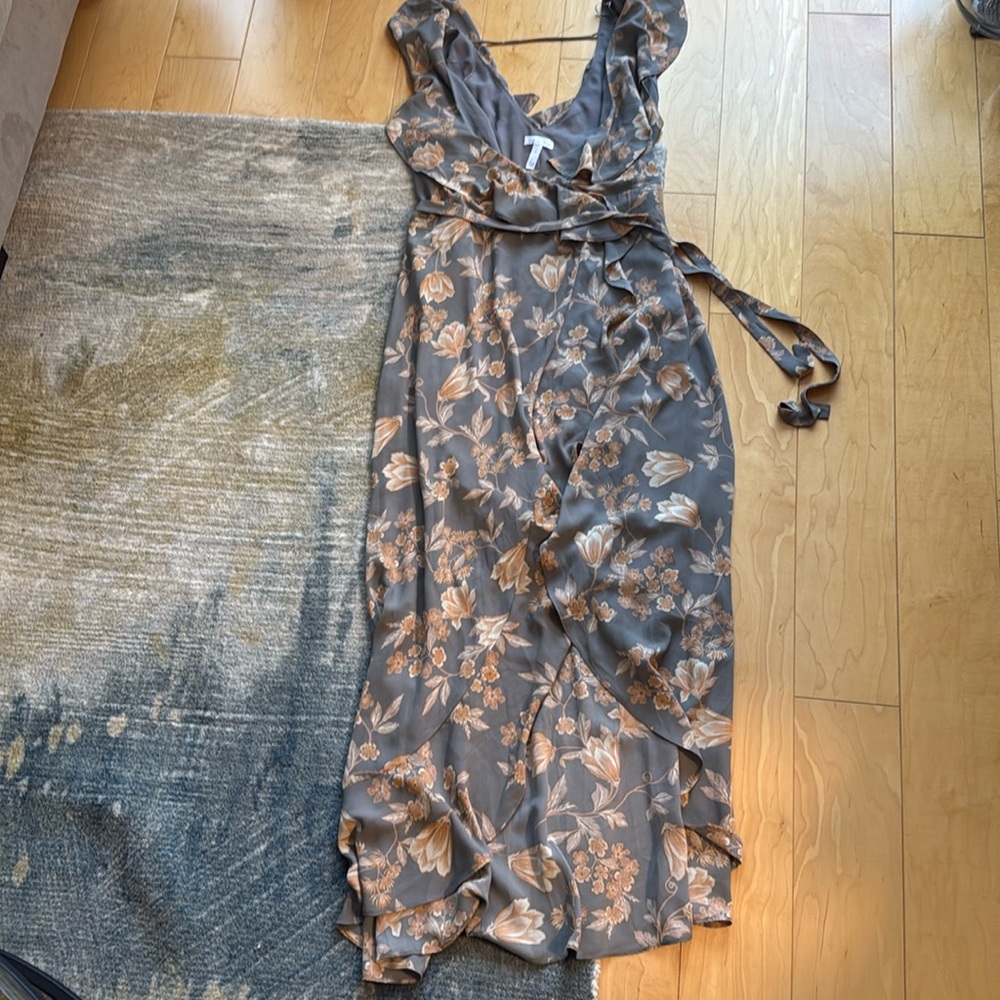 Leith Gray and Brown Ruffled Wrap Sundress